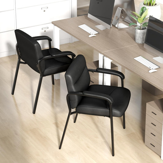 Tangkula Waiting Room Chairs, Upholstered PU Leather Conference Room Chairs with Padded Armrests, Black - CB10598DK-2
