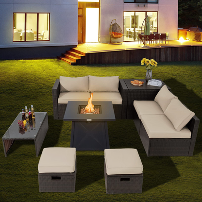 Tangkula 9 Pieces Patio Furniture Set with 30" Propane Fire Pit Table - OP70521+HW68592WH+