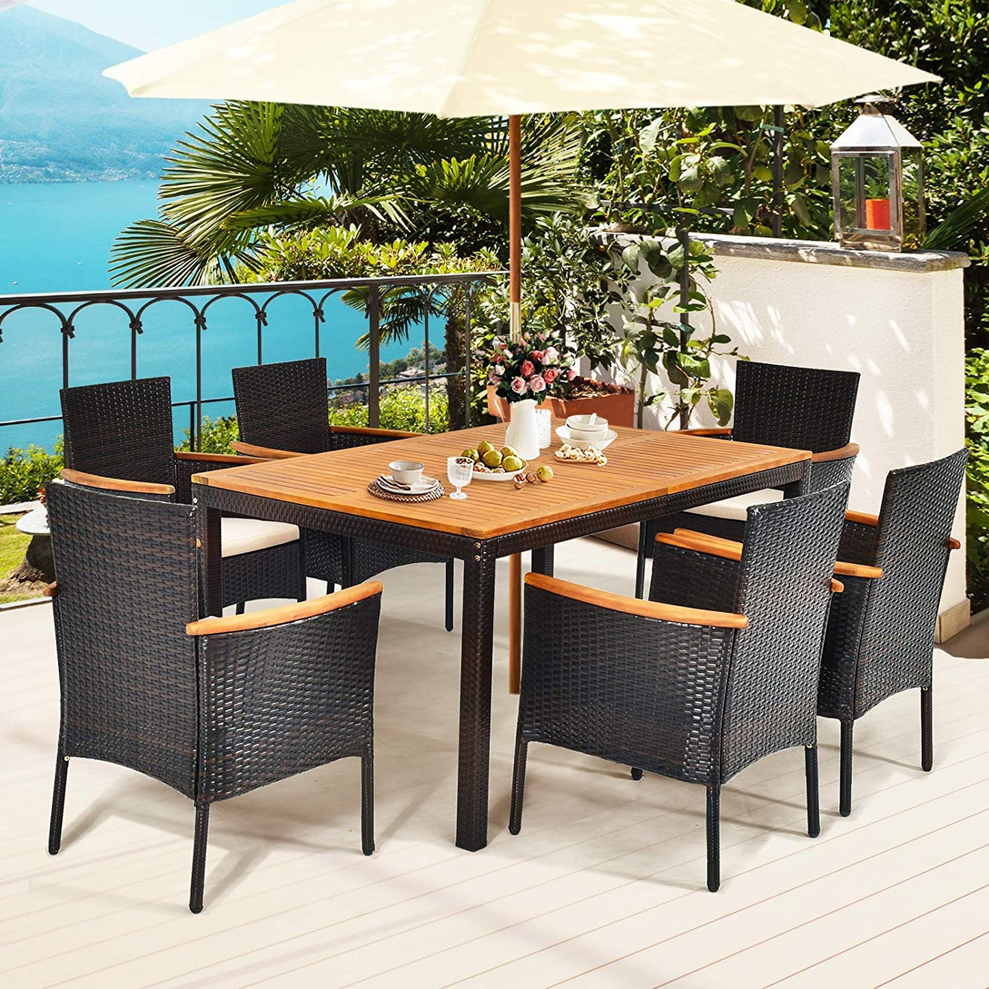 Tangkula 7 Pieces Outdoor Dining Set, Patiojoy Wicker Conversation Set - HW68190A+
