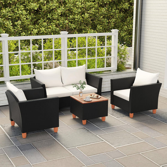 Tangkula Outdoor Conversation Set, Patio Cushioned Chairs w/Storage Coffee Table - HW72334WH+