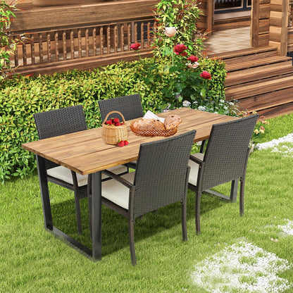 Tangkula Patio Rattan Dining Set, Acacia Wood Tabletop w/Umbrella Hole - HW70830-4+HW70840