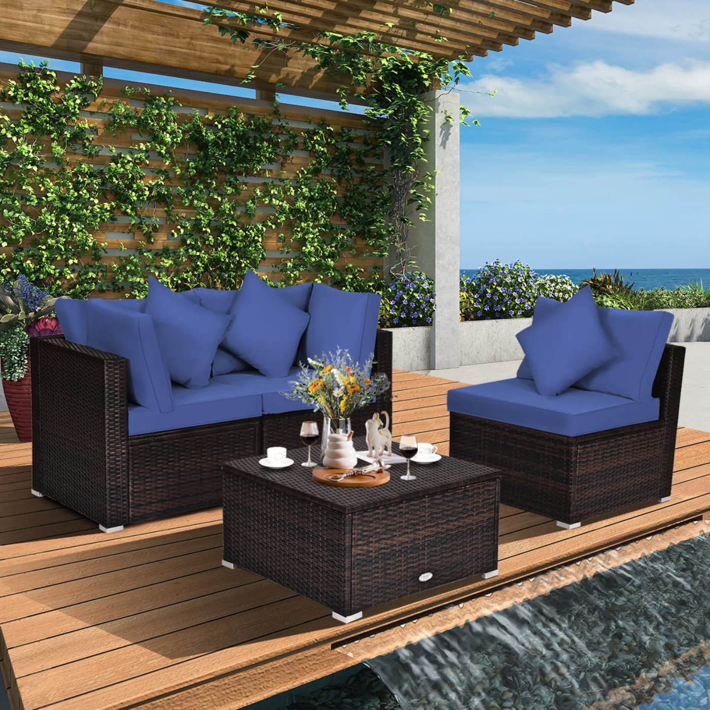 Tangkula Patio Rattan Sofa Set, Outdoor Wicker Sectional Furniture Set - HW63754+