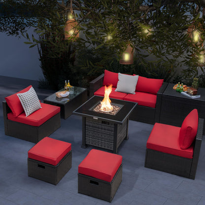 Tangkula 9 Pieces Patio Furniture Set with 50,000 BTU Propane Fire Pit Table - NP10618GR+HW68592DK+