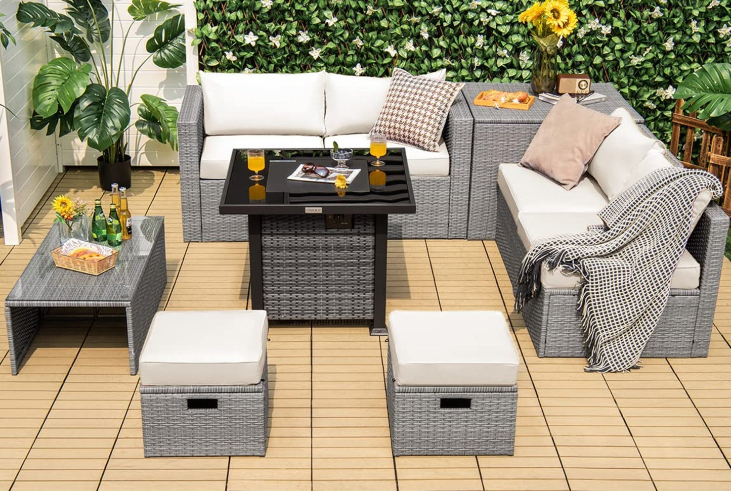 Tangkula 9 Pieces Outdoor Patio Furniture Set with 32-Inch Propane Fire Pit Table - NP10618GR+HW68604DK+