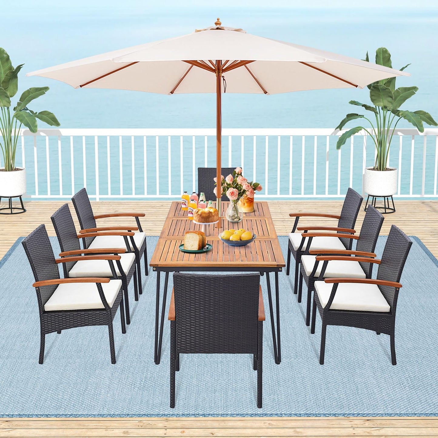 Tangkula Patio Rattan Dining Set for 8, Acacia Wood Table Top - HW71588+2*HW70831-4