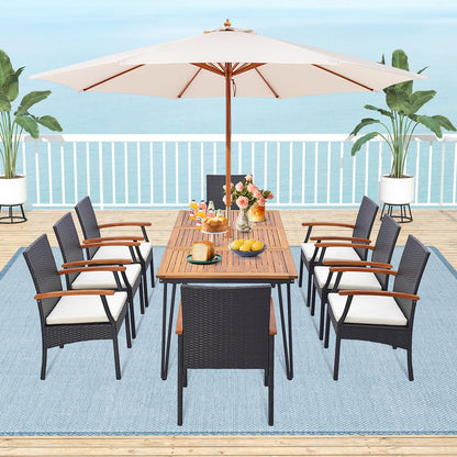 Tangkula Patio Rattan Dining Set for 8, Acacia Wood Table Top - HW71588+2*HW70831-4