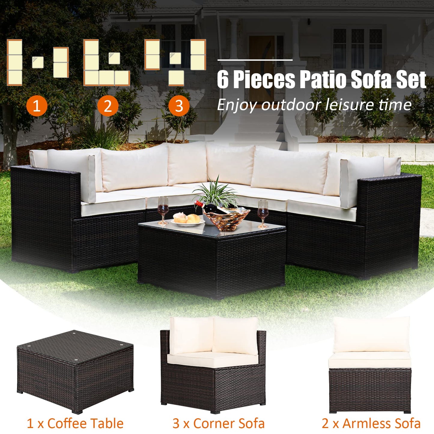 Tangkula 6 Pieces Patio Furniture Set, Outdoor Rattan Sofa Set, Wicker Conversation Set - HW68449WH+