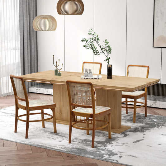 Tangkula Boho Dining Chairs, Natural Rattan Living Room Chairs with Teak Wood Structure & Footrests - JV11895