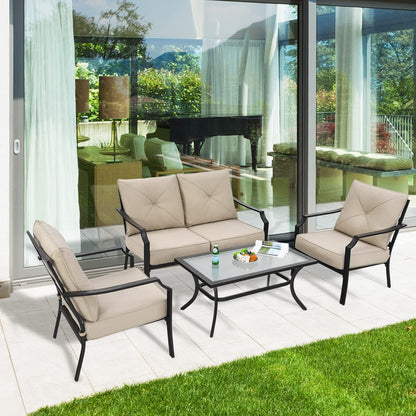 Tangkula 4 Pieces Outdoor Furniture Set, Patio Conversation Set with Cushions and Steel Frame - NP10083BE+NP10084WL-BE
