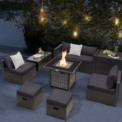 Tangkula 9 Pieces Patio Furniture Set with 50,000 BTU Propane Fire Pit Table - NP10618GR+HW68592DK+
