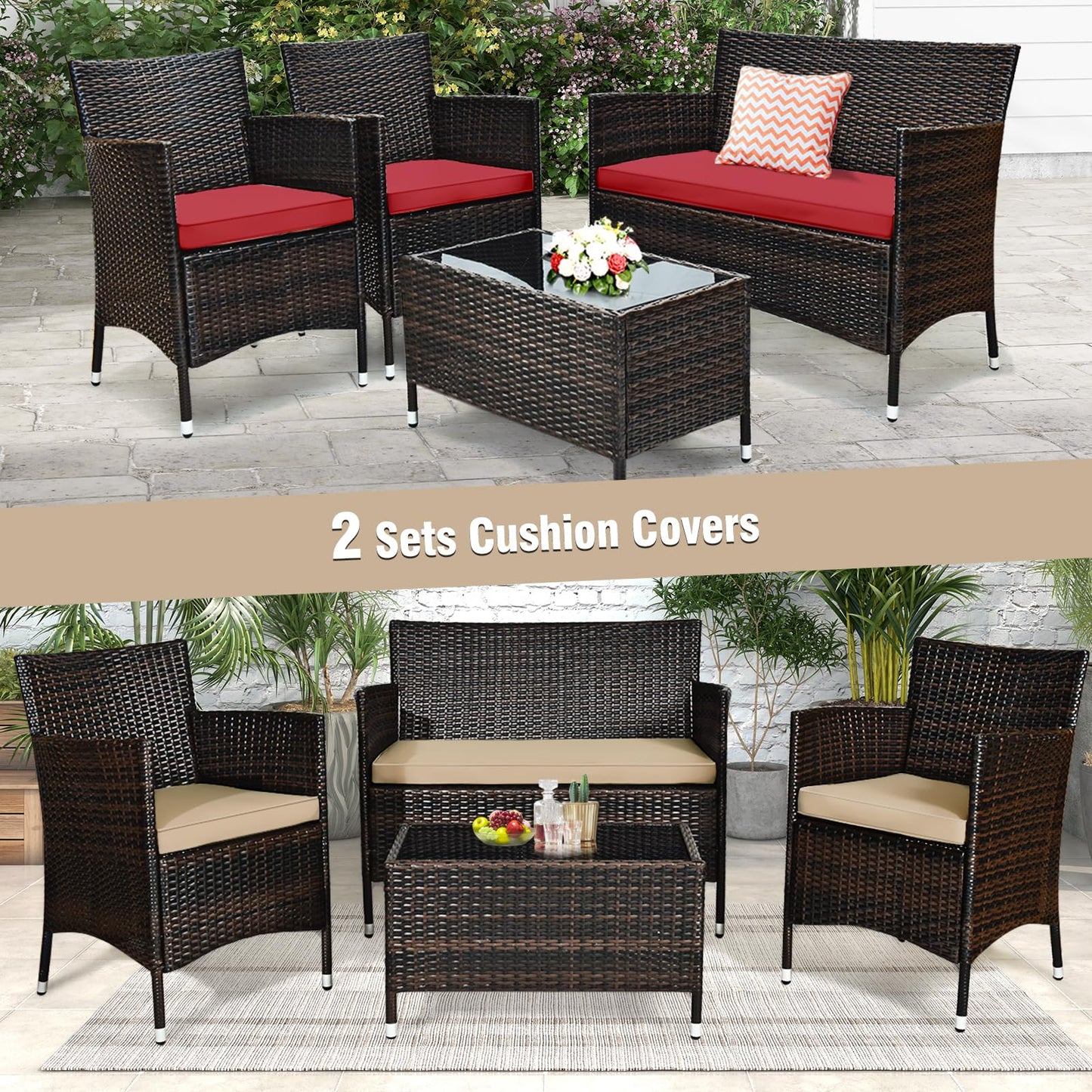 Tangkula 4-Piece Rattan Patio Furniture Set, w/Tempered Glass Coffee Table - HW67772BT