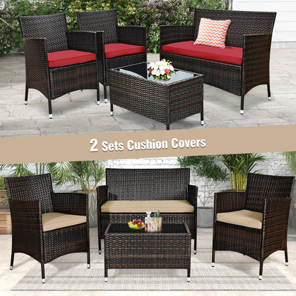 Tangkula 4-Piece Rattan Patio Furniture Set, w/Tempered Glass Coffee Table - HW67772BT