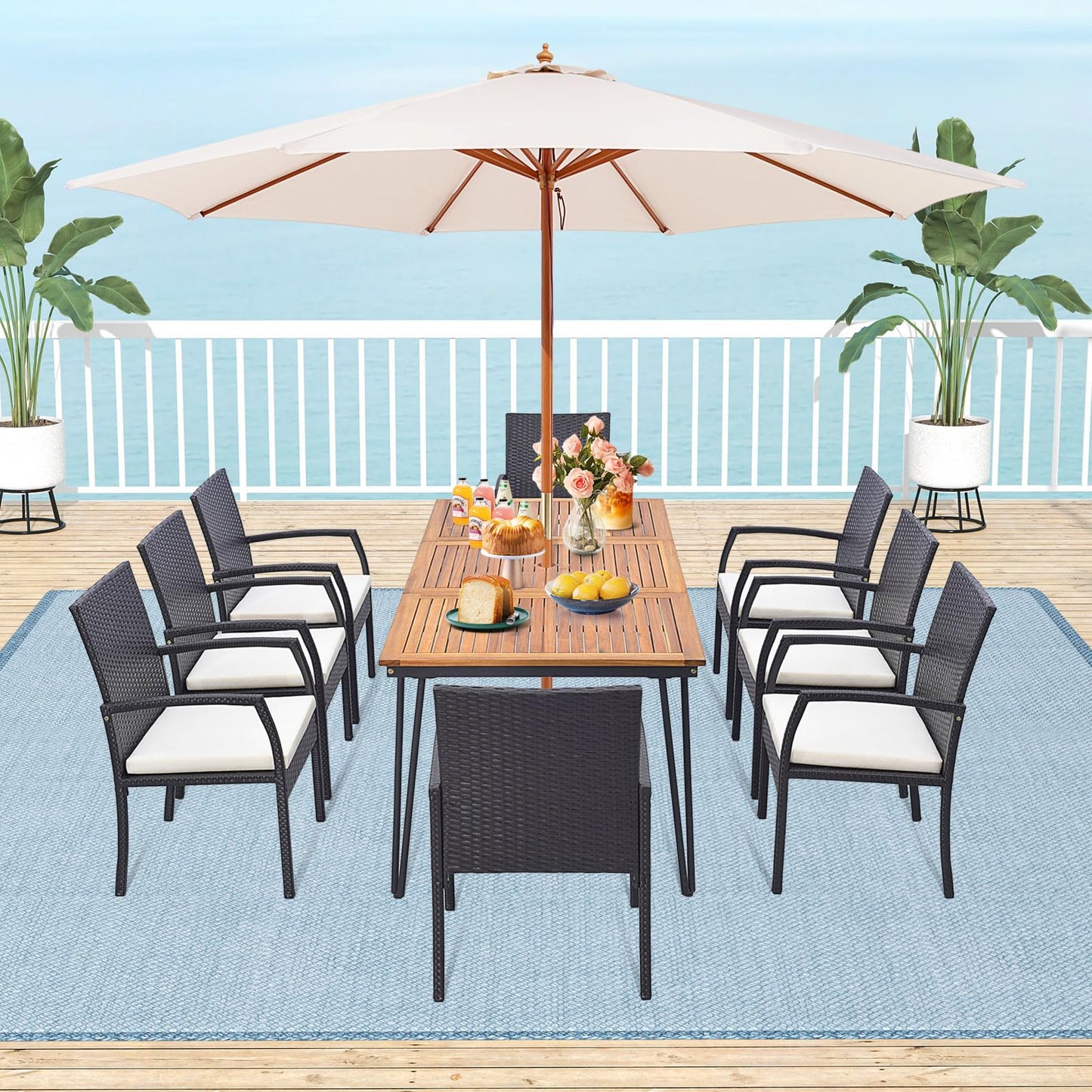 Tangkula 9 Pieces Patio Rattan Dining Set with Acacia Wood Table - HW71588+2*HW70830-4