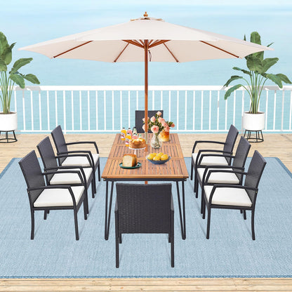 Tangkula 9 Pieces Patio Rattan Dining Set with Acacia Wood Table - HW71588+2*HW70830-4