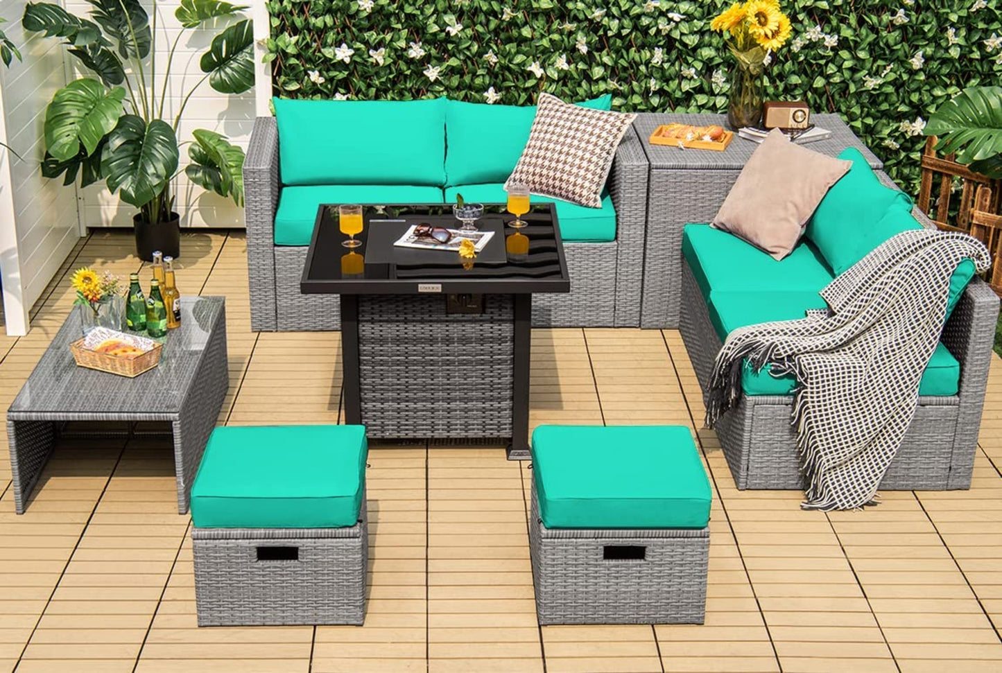 Tangkula 9 Pieces Outdoor Patio Furniture Set with 32-Inch Propane Fire Pit Table - NP10618GR+HW68604DK+