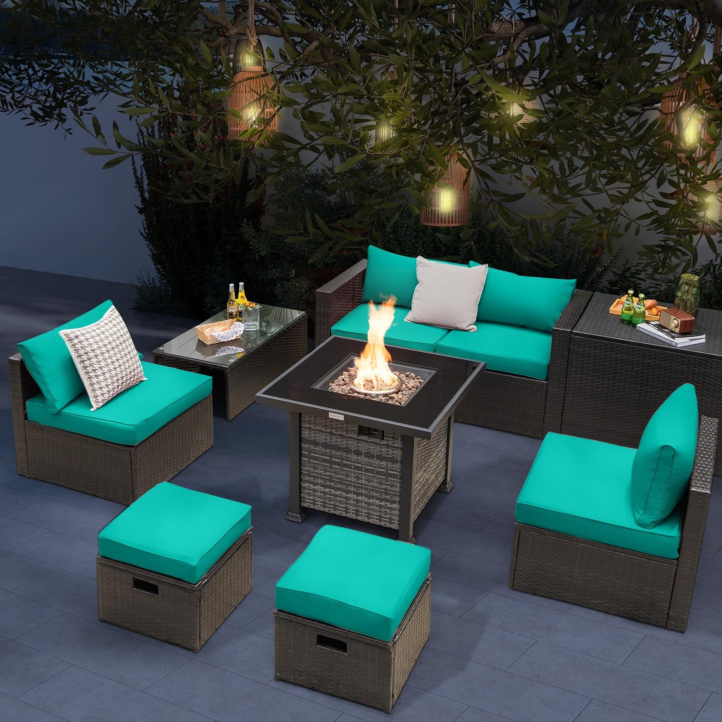 Tangkula 9 Pieces Patio Furniture Set with 50,000 BTU Propane Fire Pit Table - NP10618GR+HW68592DK+