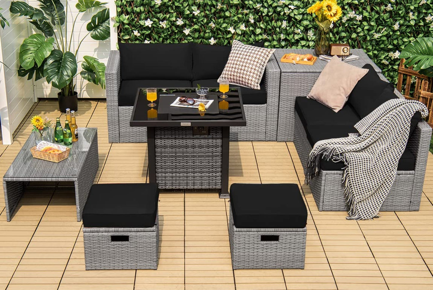 Tangkula 9 Pieces Outdoor Patio Furniture Set with 32-Inch Propane Fire Pit Table - NP10618GR+HW68604DK+