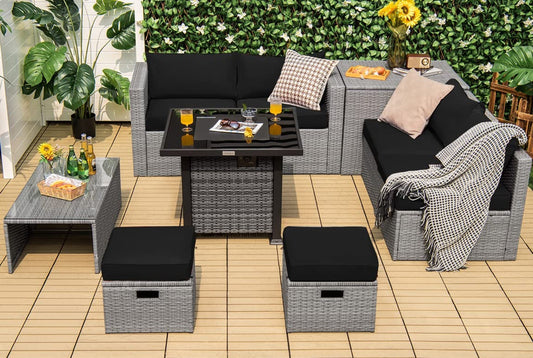 Tangkula 9 Pieces Outdoor Patio Furniture Set with 32-Inch Propane Fire Pit Table - NP10618GR+HW68604DK+