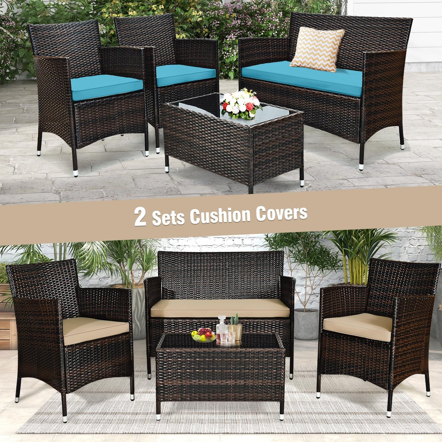 Tangkula 4-Piece Rattan Patio Furniture Set, w/Tempered Glass Coffee Table - HW67772BT
