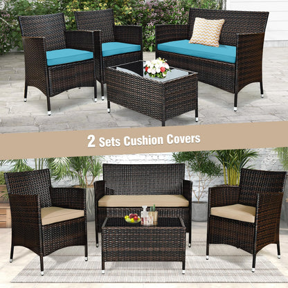 Tangkula 4-Piece Rattan Patio Furniture Set, w/Tempered Glass Coffee Table - HW67772BT