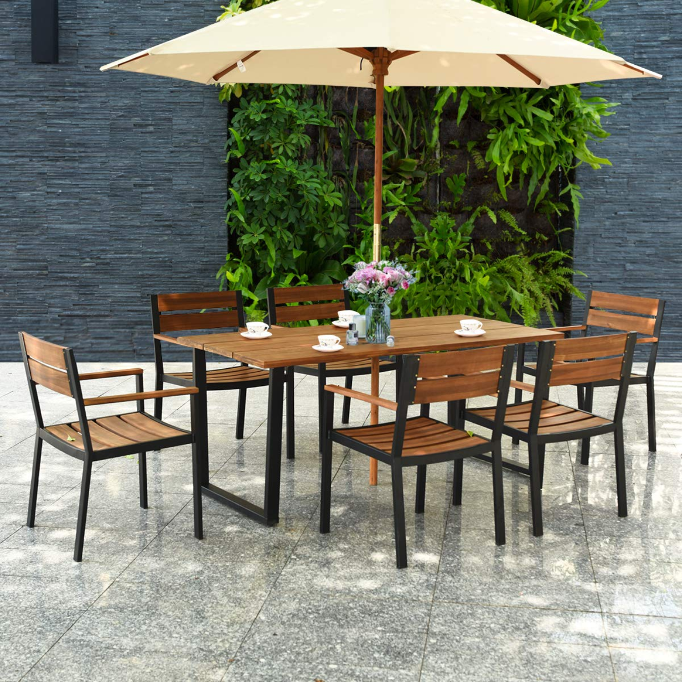 Tangkula 7PCS Outdoor Dining Set, Patio Dining Furniture Set with Sturdy Steel Frame - HW65220+