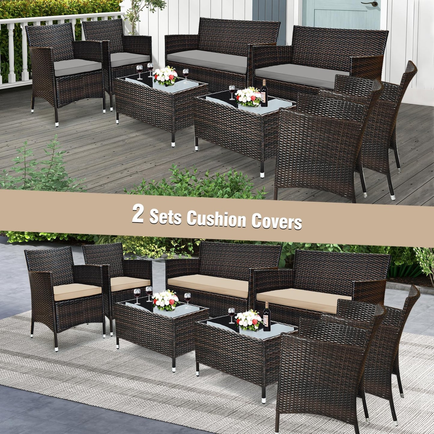 Tangkula 4-Piece Rattan Patio Furniture Set, w/Tempered Glass Coffee Table - HW67772BT