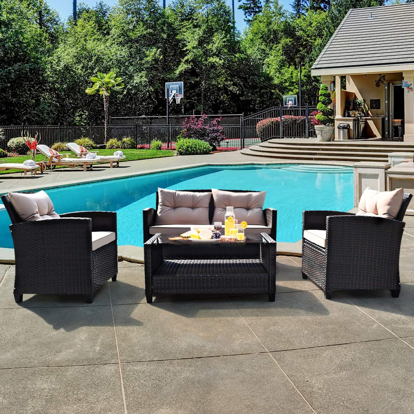 Tangkula 4-Piece Patio Furniture Set, Rattan Wicker Chair Set with 1 Loveseat, 2 Single Sofas - HW63217+