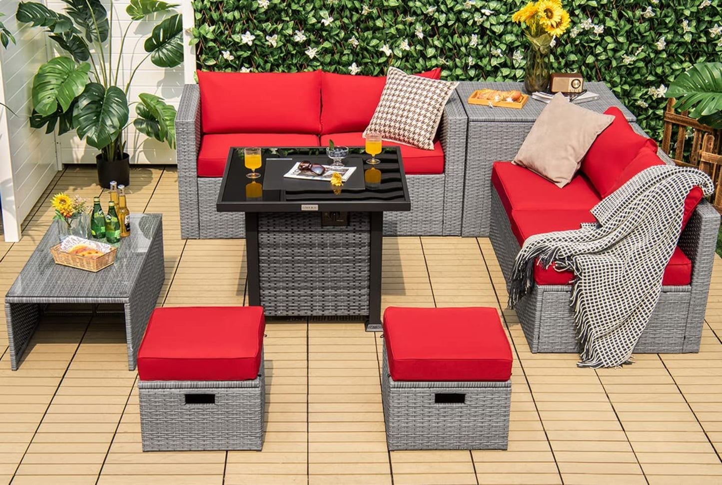Tangkula 9 Pieces Outdoor Patio Furniture Set with 32-Inch Propane Fire Pit Table - NP10618GR+HW68604DK+