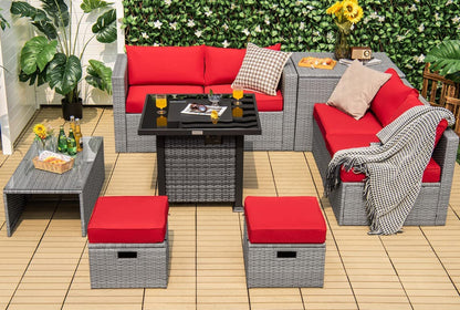 Tangkula 9 Pieces Outdoor Patio Furniture Set with 32-Inch Propane Fire Pit Table - NP10618GR+HW68604DK+