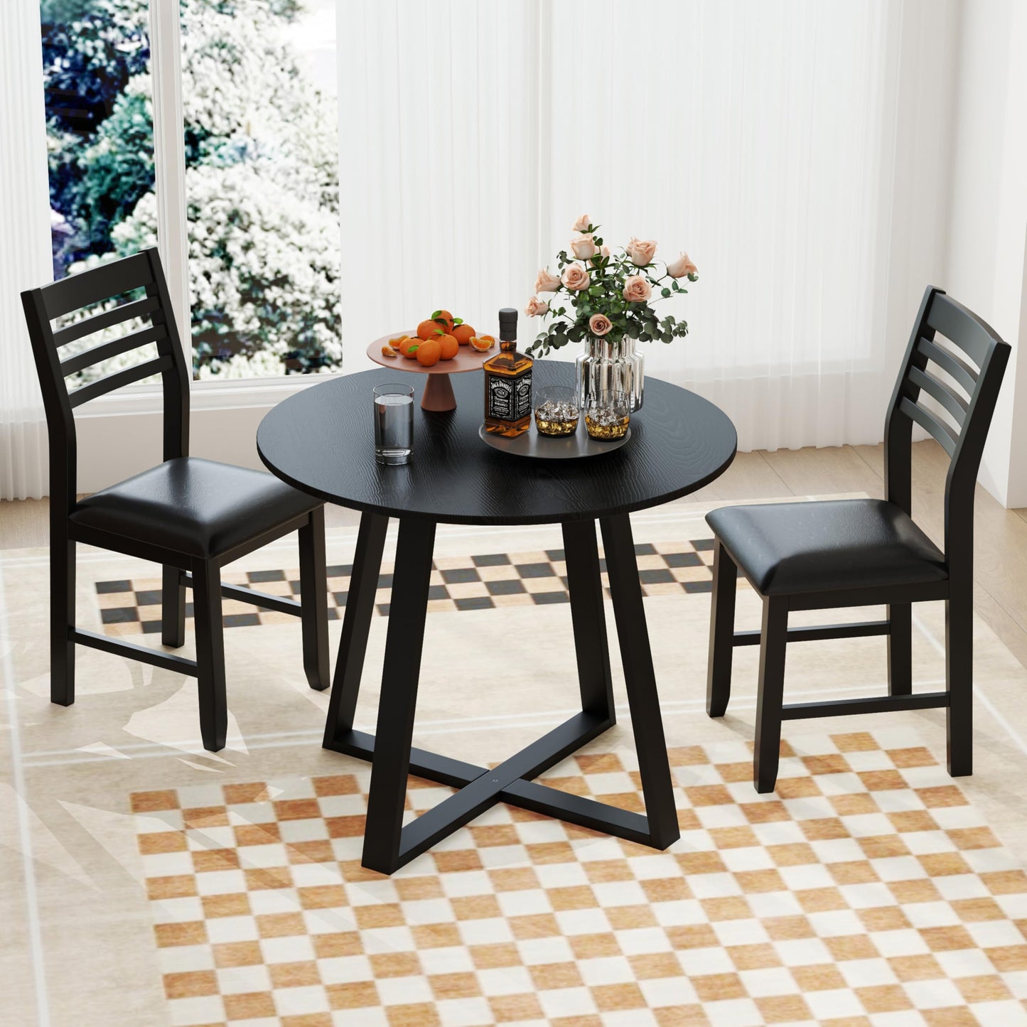 Tangkula Round Dining Table Set , Dinette Set with Table and Padded PU Chairs - KC57274BK+KC57108BK
