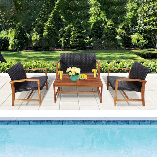 Tangkula 4-Piece PE Rattan Patio Furniture Set, Outdoor Conversation Set - HW69384-12B+HW69384-22B