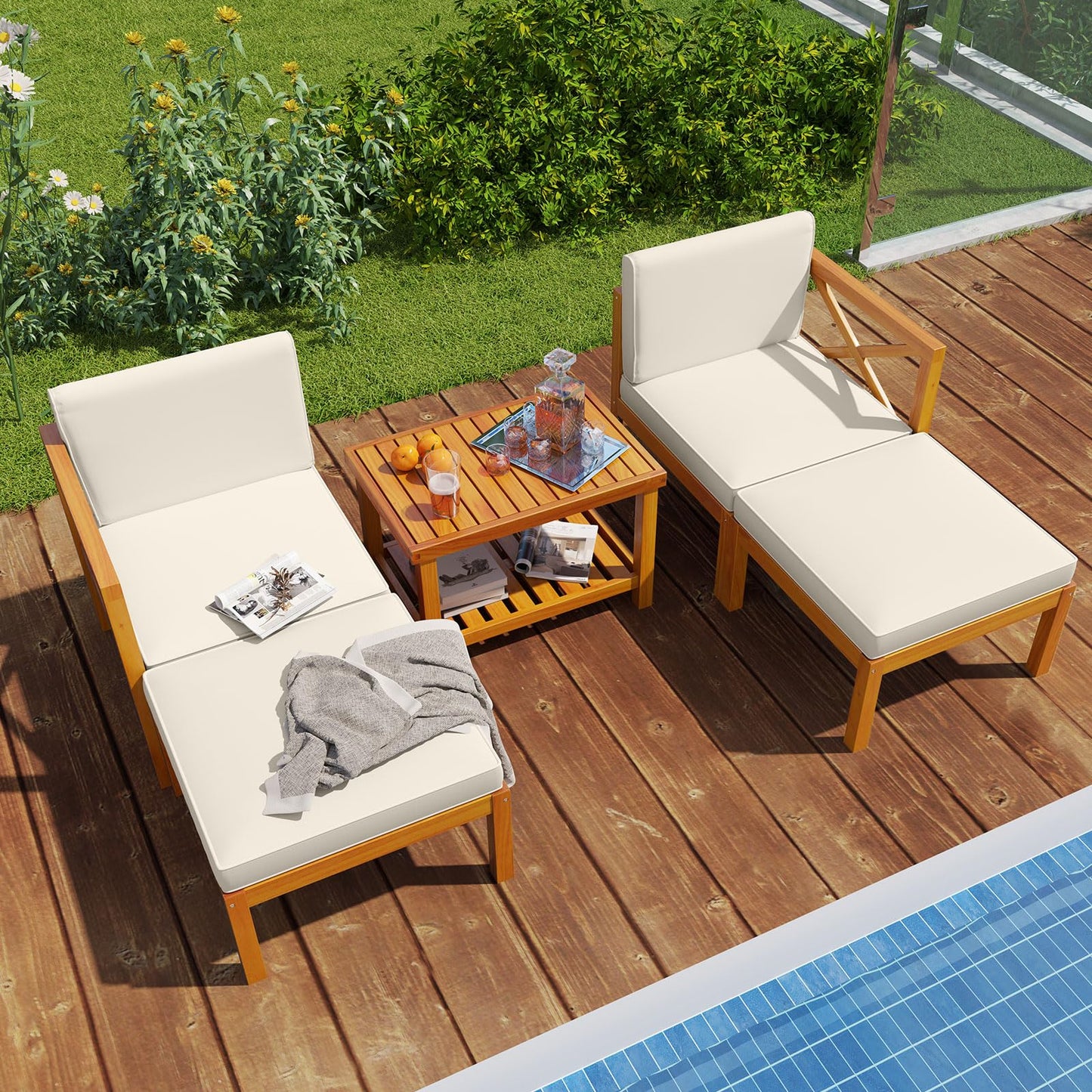 Tangkula 5 Pieces Acacia Wood Patio Chaise Lounge Chair Set with Ottomans and Cushions - HW72989WH+