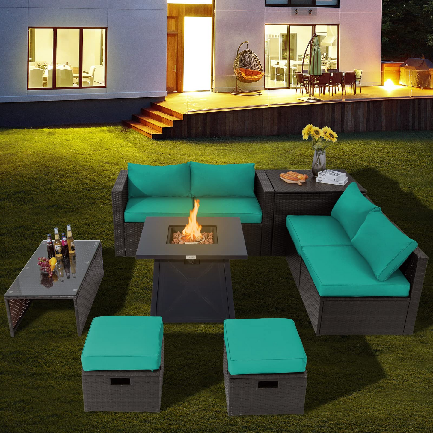 Tangkula 9 Pieces Patio Furniture Set with 30" Propane Fire Pit Table - OP70521+HW68592WH+