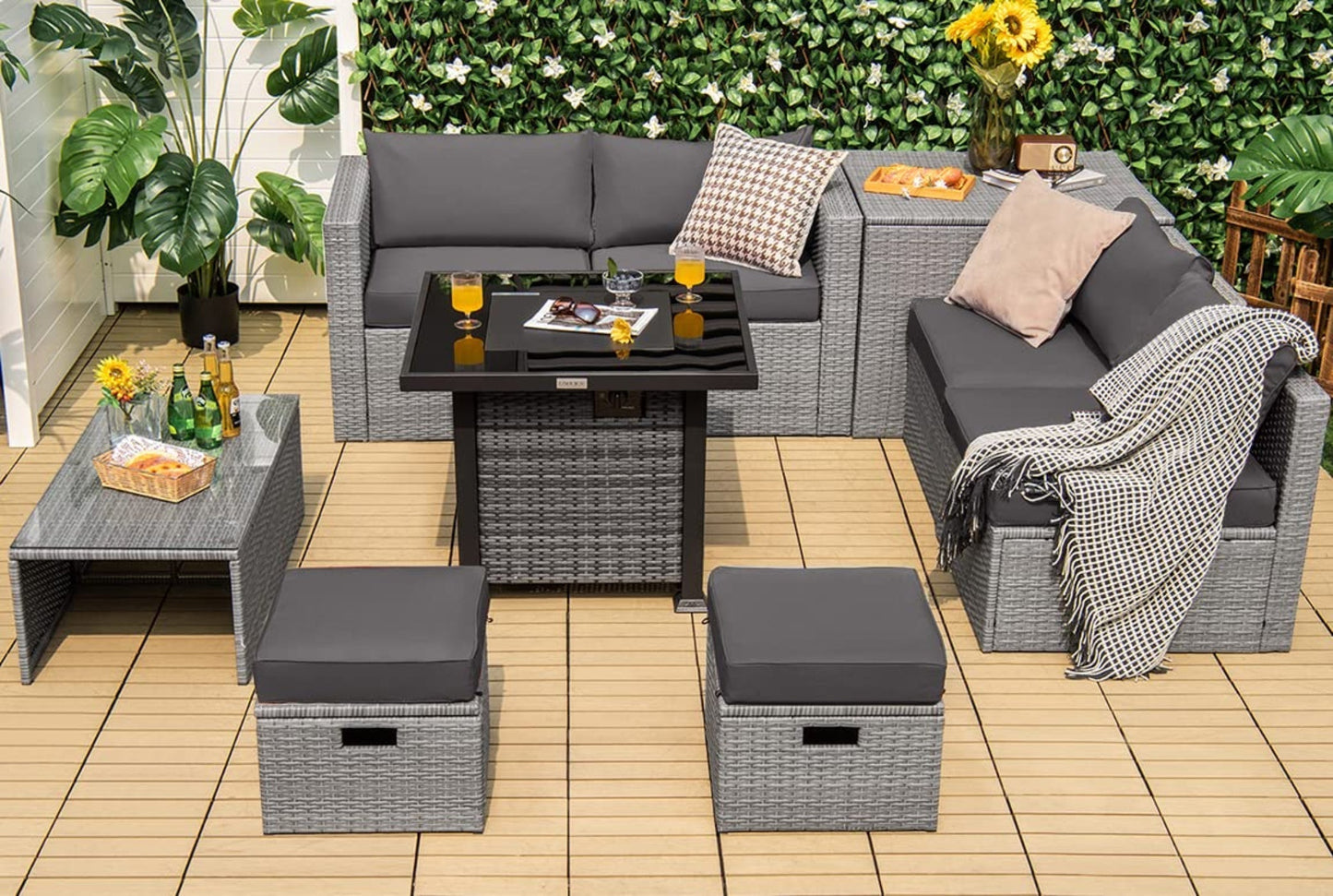 Tangkula 9 Pieces Outdoor Patio Furniture Set with 32-Inch Propane Fire Pit Table - NP10618GR+HW68604DK+