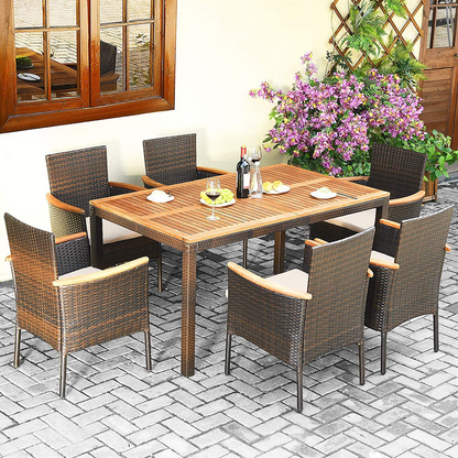 Tangkula 7 Pieces Outdoor Dining Set, Patiojoy Wicker Conversation Set - HW68190A+