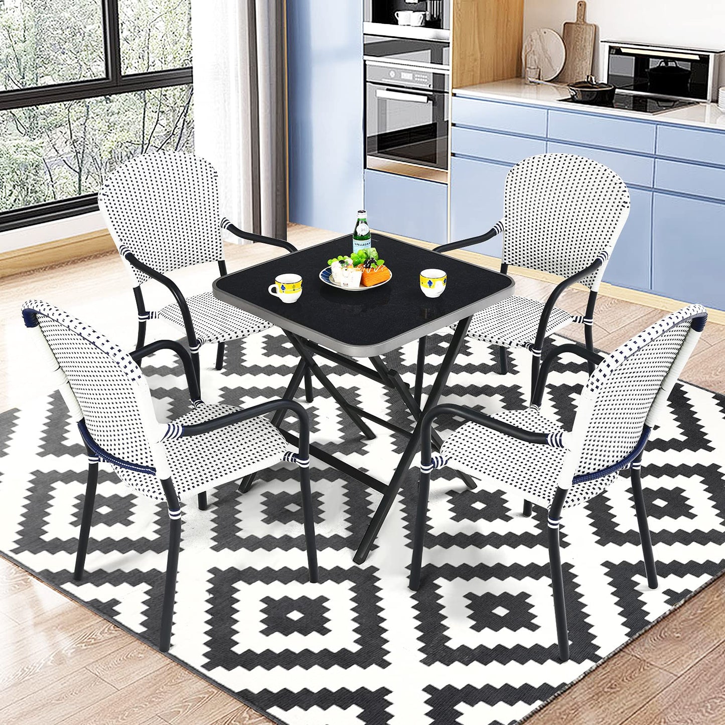 Tangkula 5-Piece Rattan Patio Dining Set, No Assembly Needs, Square Folding Table & 4 Stackable Chairs Set - NP10107+NP10073WL