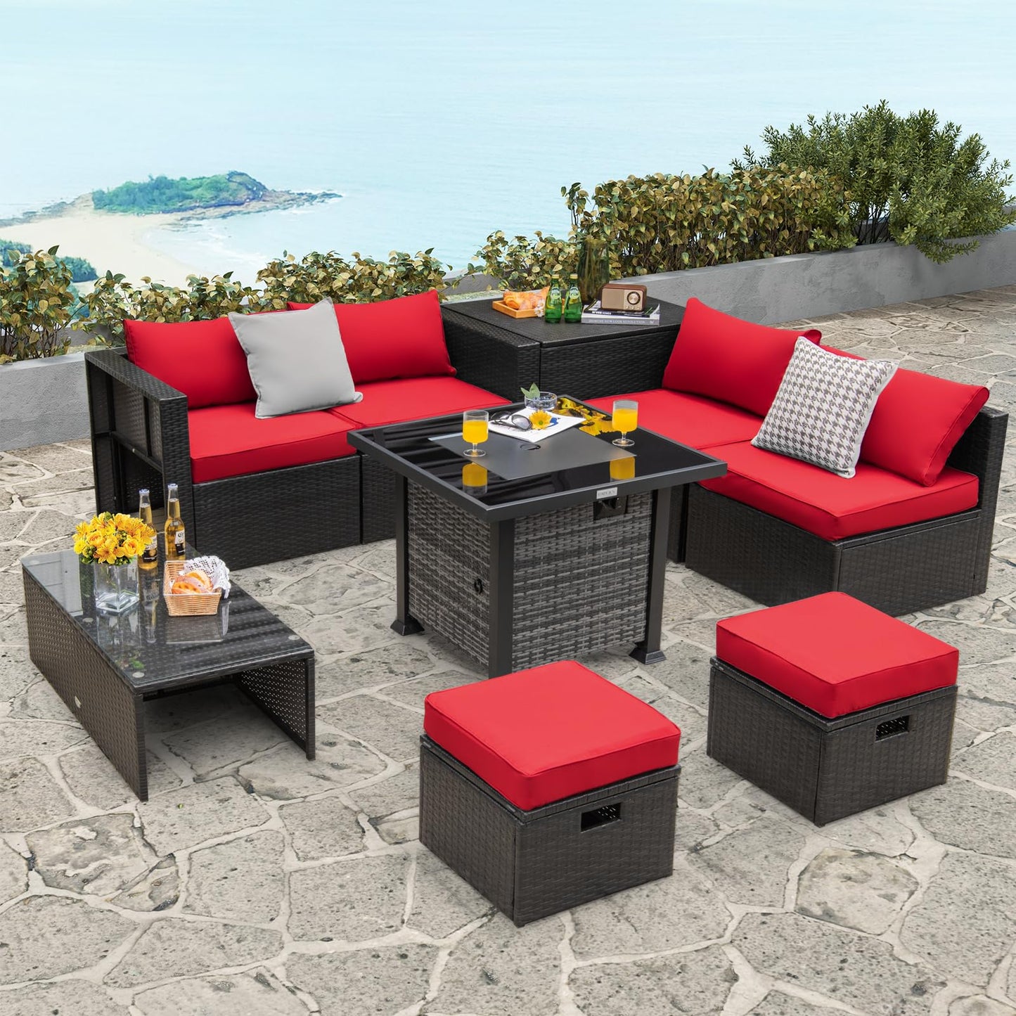 Tangkula 9 Pieces Patio Furniture Set with 50,000 BTU Propane Fire Pit Table - NP10618GR+HW68592DK+