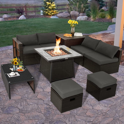 Tangkula 9 Pieces Outdoor Patio Furniture Set with 35-Inch Propane Fire Pit Table - NP10262DK+HW68592DK+