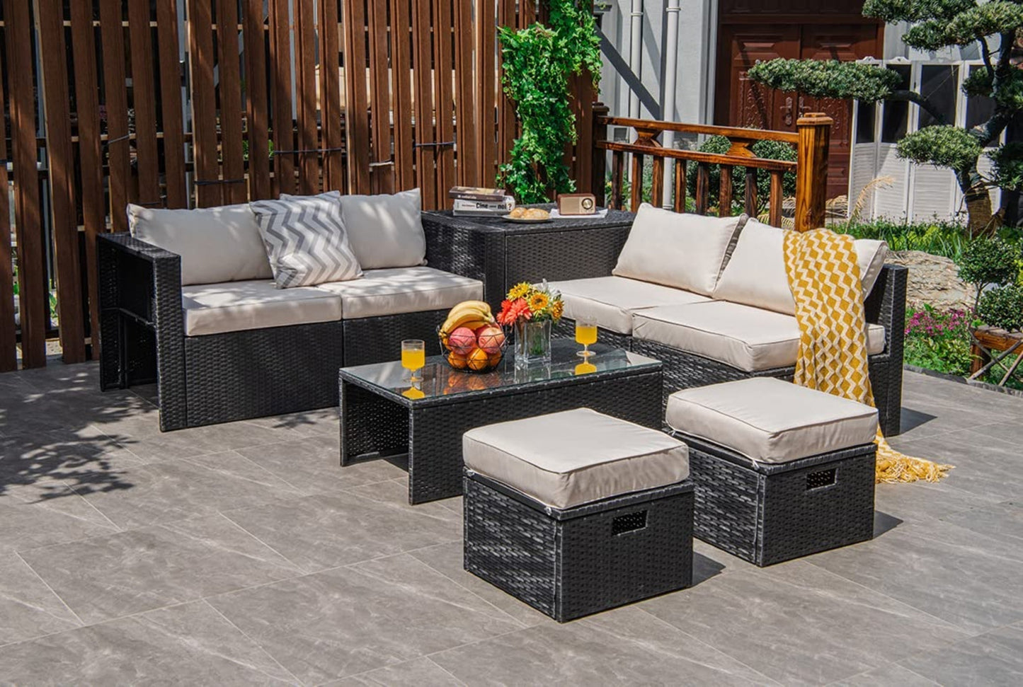 Tangkula 8-Piece Patio Furniture Set with Cover, 2 Ottomans, 2 Armless Sofas & Corner Sofas - HW68605WH+