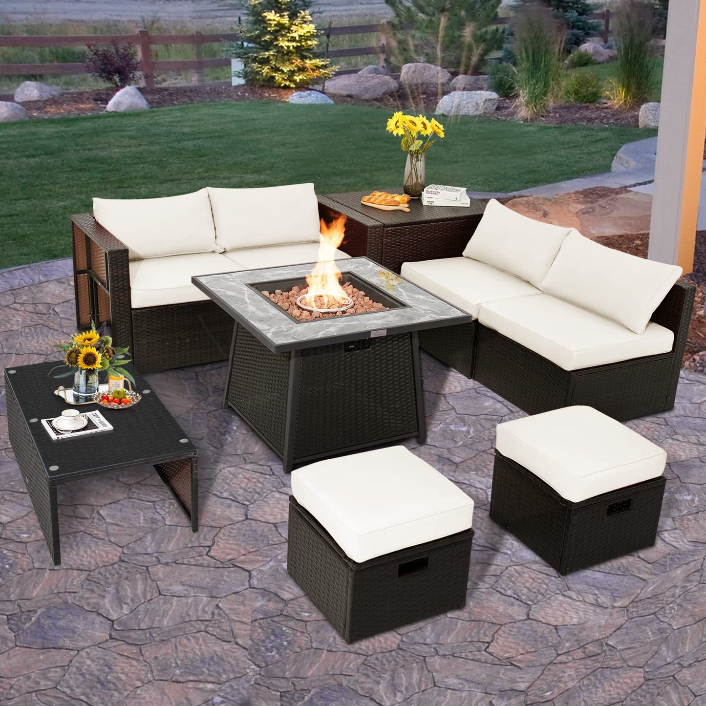 Tangkula 9 Pieces Outdoor Patio Furniture Set with 35-Inch Propane Fire Pit Table - NP10262DK+HW68592DK+