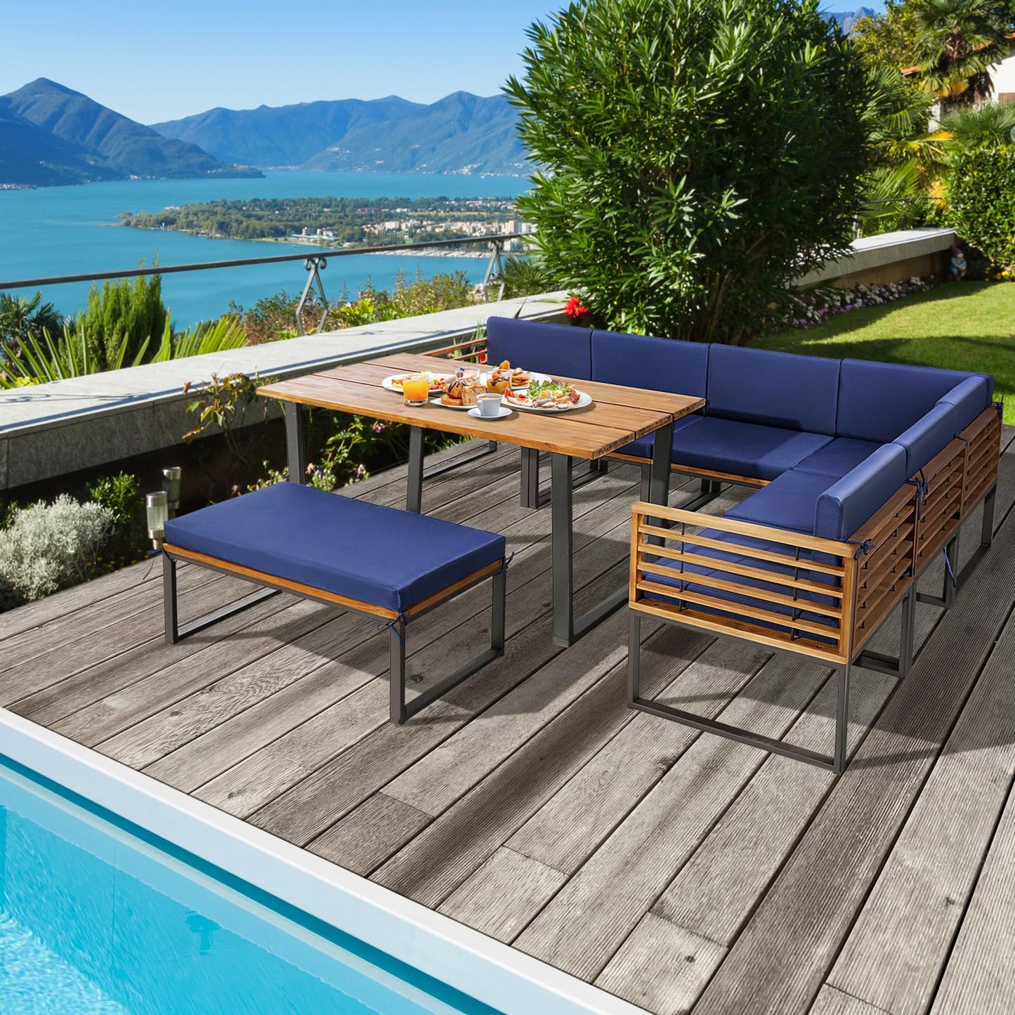 Tangkula 8 Piece Patio Dining Set, Acacia Wood Conversation Sofa Set - HW71004NY+