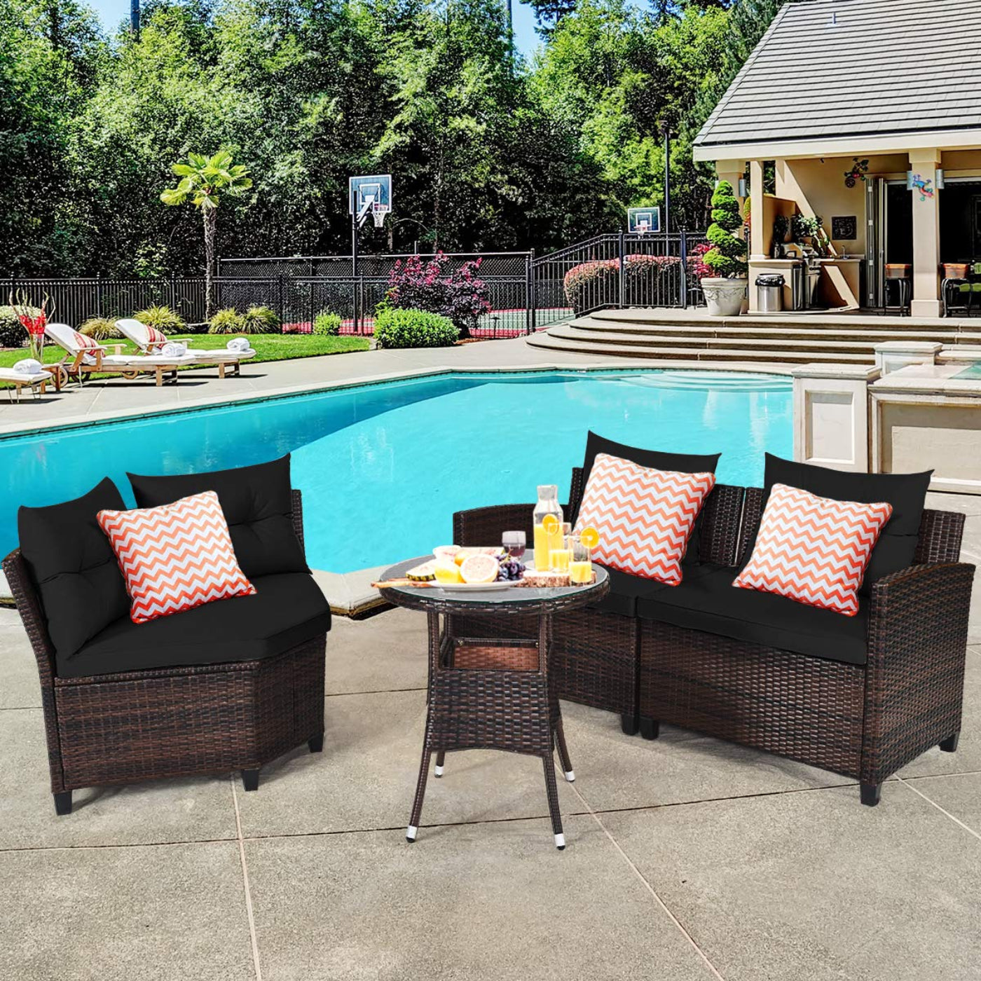Tangkula 4-Piece Patio Furniture Set, C-Shape Outdoor Wicker Sectional Sofa Set - HW66920BK+