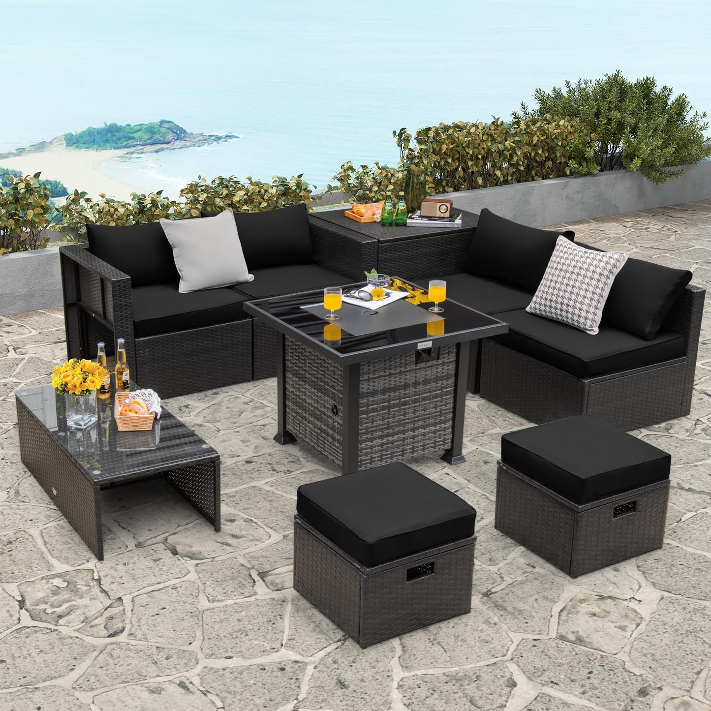 Tangkula 9 Pieces Patio Furniture Set with 50,000 BTU Propane Fire Pit Table - NP10618GR+HW68592DK+
