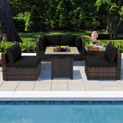 Tangkula 6 Piece Outdoor Rattan Sofa Set with 30in Propane Gas Fire Table - OP70520+HW68691ADK+