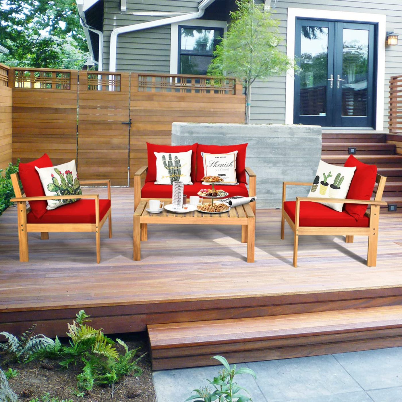 Tangkula Outdoor 4-Piece Acacia Wood Chat Set - HW64146WH-C+HW64146TU+