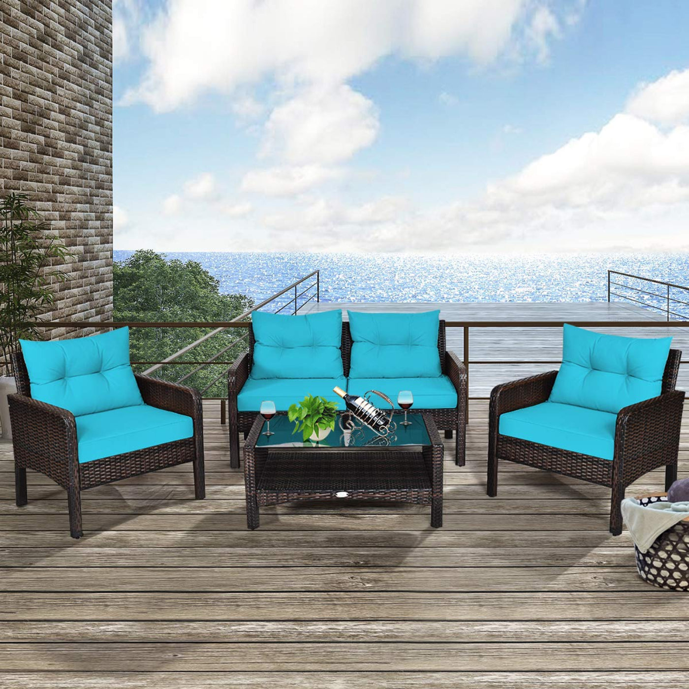 Tangkula 4 Piece Patio Furniture Set, Outdoor Wicker Conversation Set with Glass Top Coffee Table - HW68637BTU+