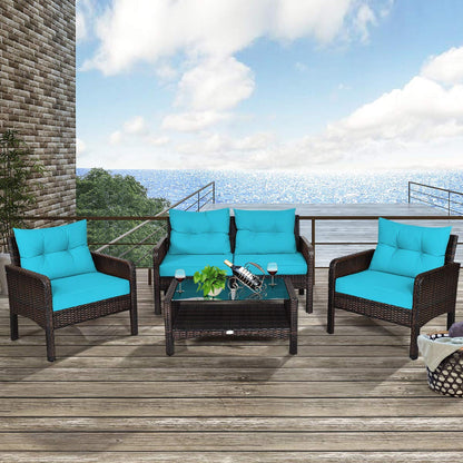 Tangkula 4 Piece Patio Furniture Set, Outdoor Wicker Conversation Set with Glass Top Coffee Table - HW68637BTU+
