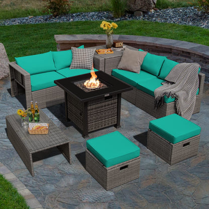 Tangkula 9 Pieces Outdoor Patio Furniture Set with 32-Inch Propane Fire Pit Table - NP10618GR+HW68604DK+