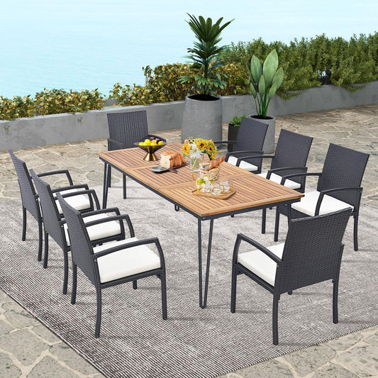 Tangkula 9 Pieces Patio Rattan Dining Set with Acacia Wood Table - HW71588+2*HW70830-4