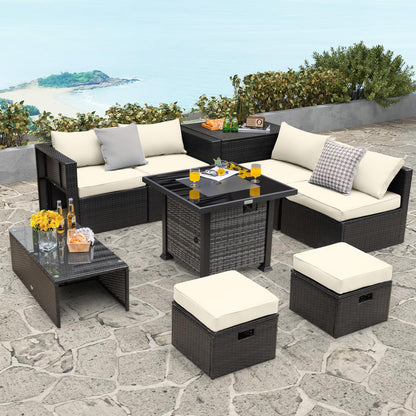 Tangkula 9 Pieces Patio Furniture Set with 50,000 BTU Propane Fire Pit Table - NP10618GR+HW68592DK+